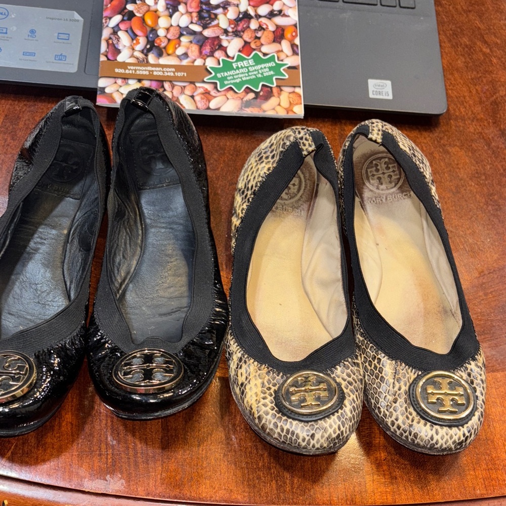 Tory Burch Black Patent and Tan Snakeskin Flats